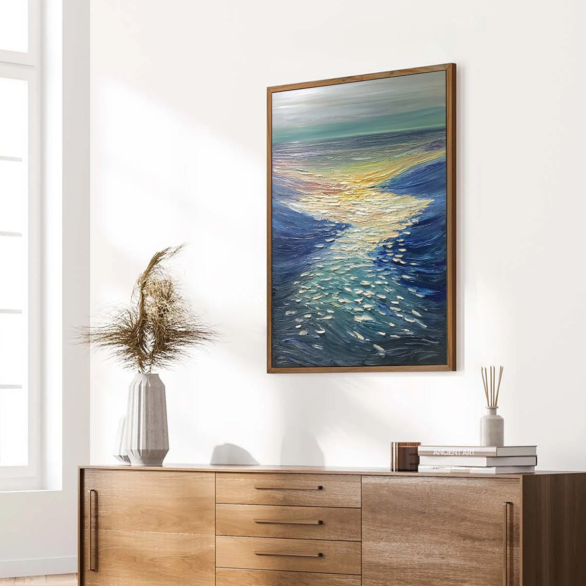 **GOLDEN REFLECTION:** Textured Impasto Seascape Oil Painting of Ocean Sunset