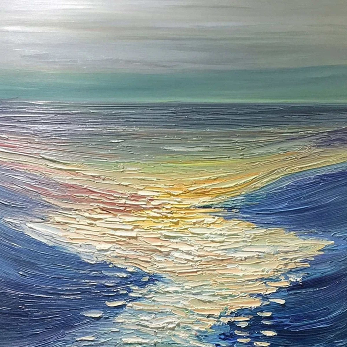 **GOLDEN REFLECTION:** Textured Impasto Seascape Oil Painting of Ocean Sunset