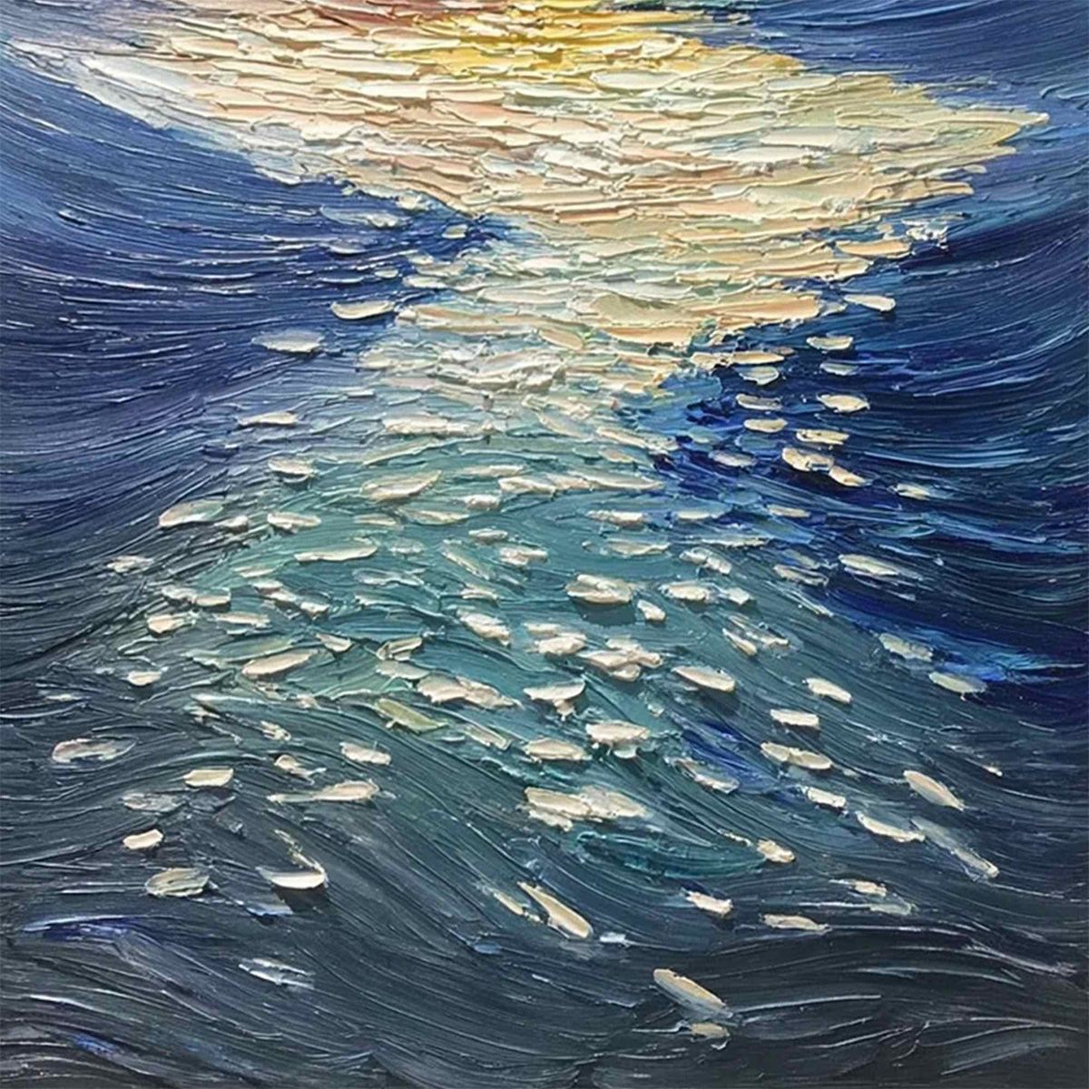 **GOLDEN REFLECTION:** Textured Impasto Seascape Oil Painting of Ocean Sunset