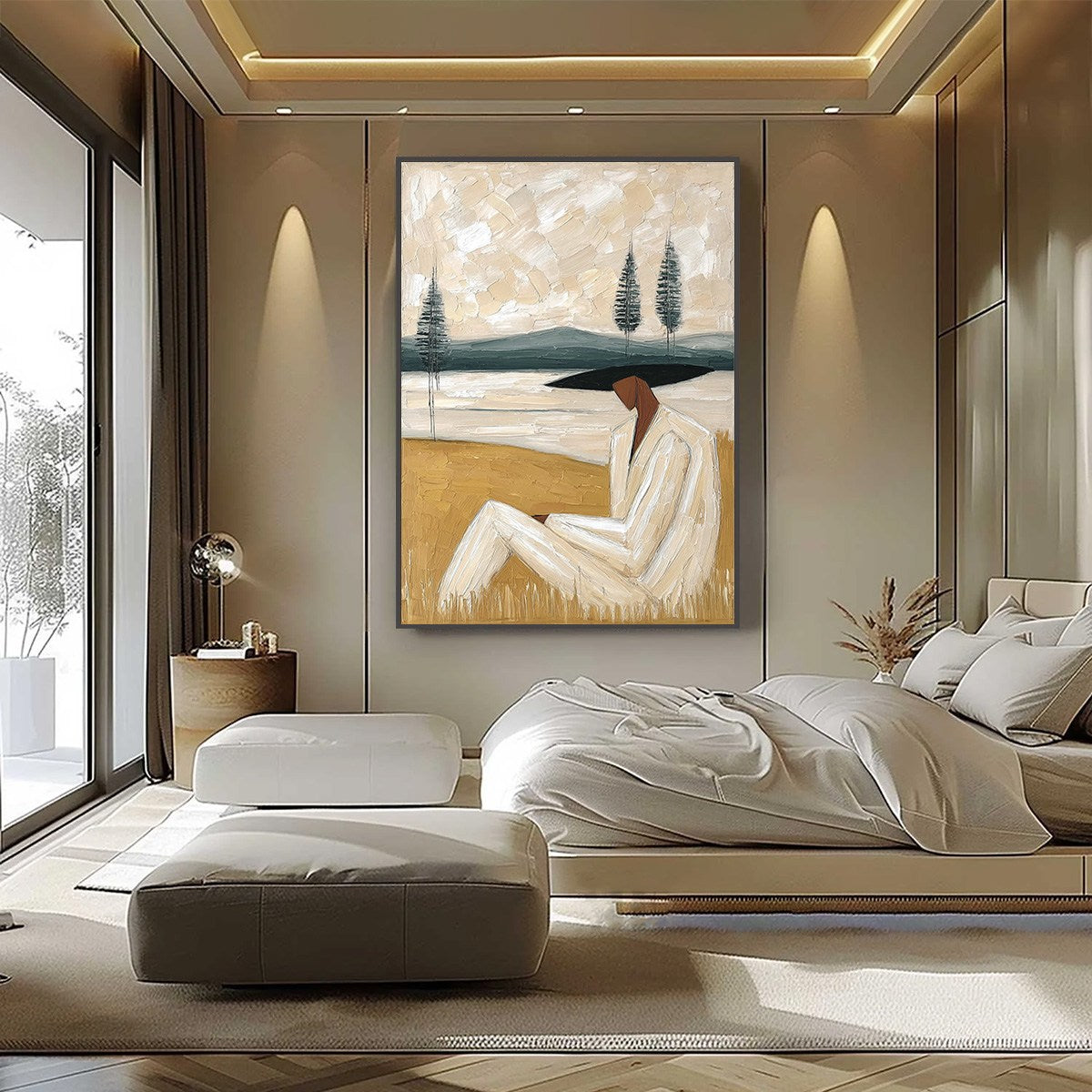 GOLDEN REPOSE: Textured Figurative Painting of a Woman in a Landscape