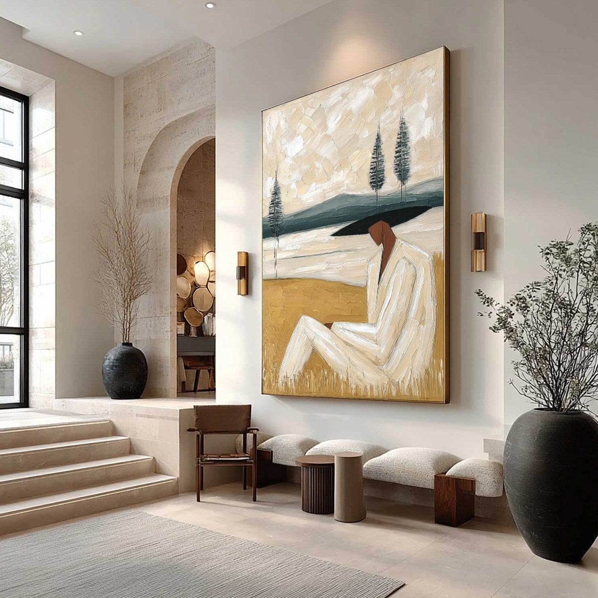 GOLDEN REPOSE: Textured Figurative Painting of a Woman in a Landscape