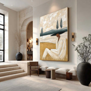 GOLDEN REPOSE: Textured Figurative Painting of a Woman in a Landscape