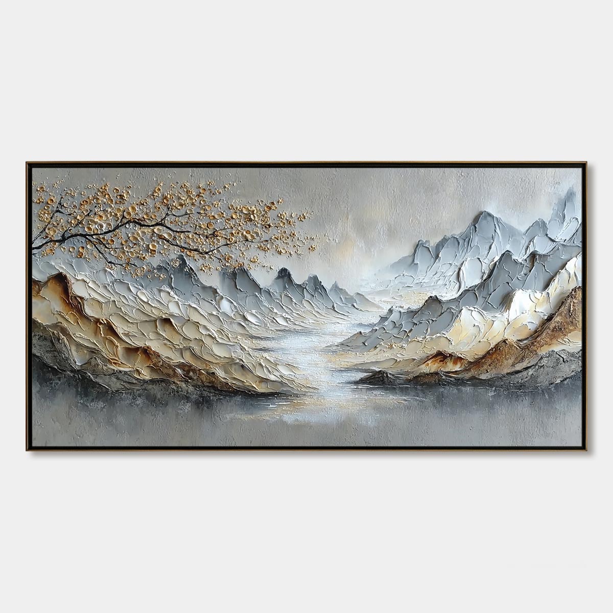Golden Serenity Textured Mountain Landscape Painting | Wall Art