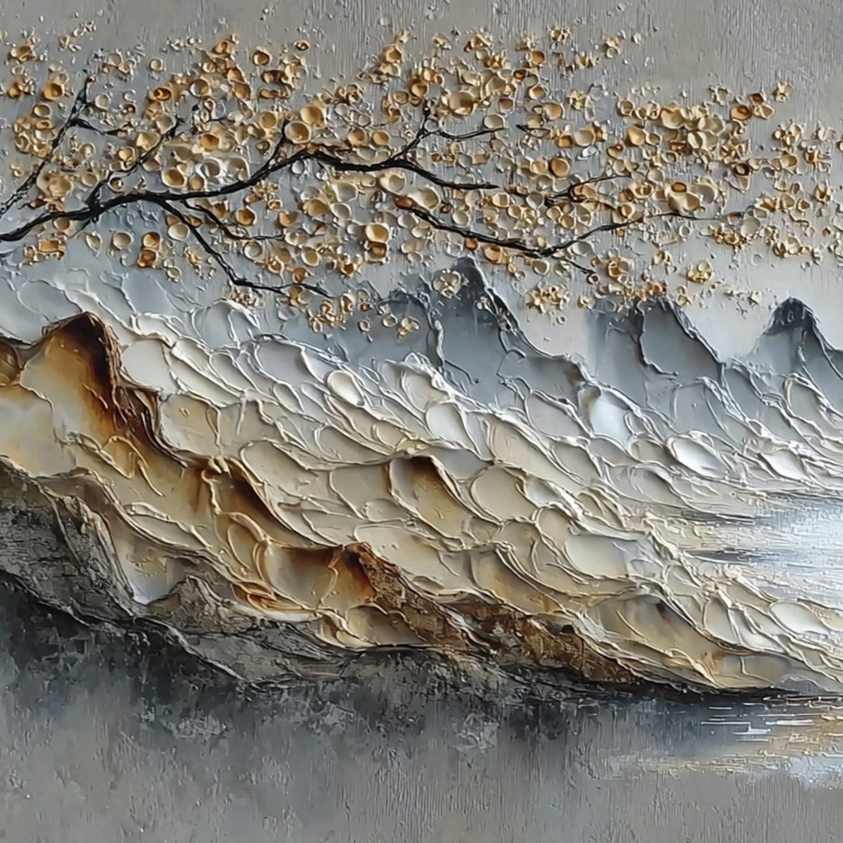 GOLDEN SERENITY: Textured Impasto Mountain Valley Landscape Painting