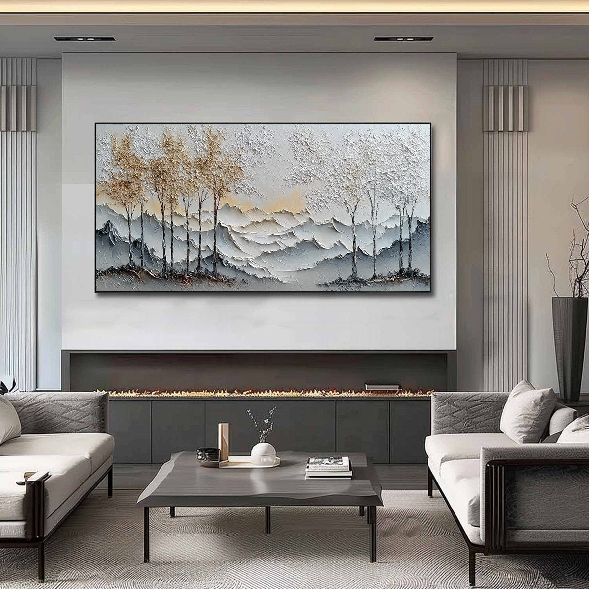 GOLDEN SILENCE: Textured Wabi Sabi Mountain and Trees Landscape Painting