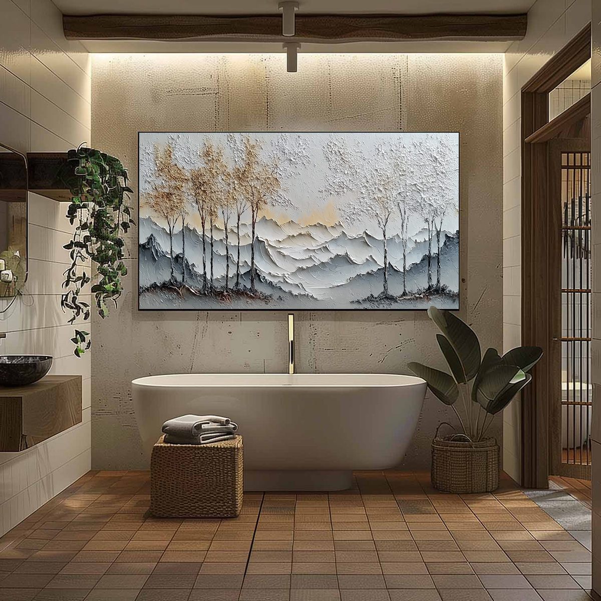 GOLDEN SILENCE: Textured Wabi Sabi Mountain and Trees Landscape Painting