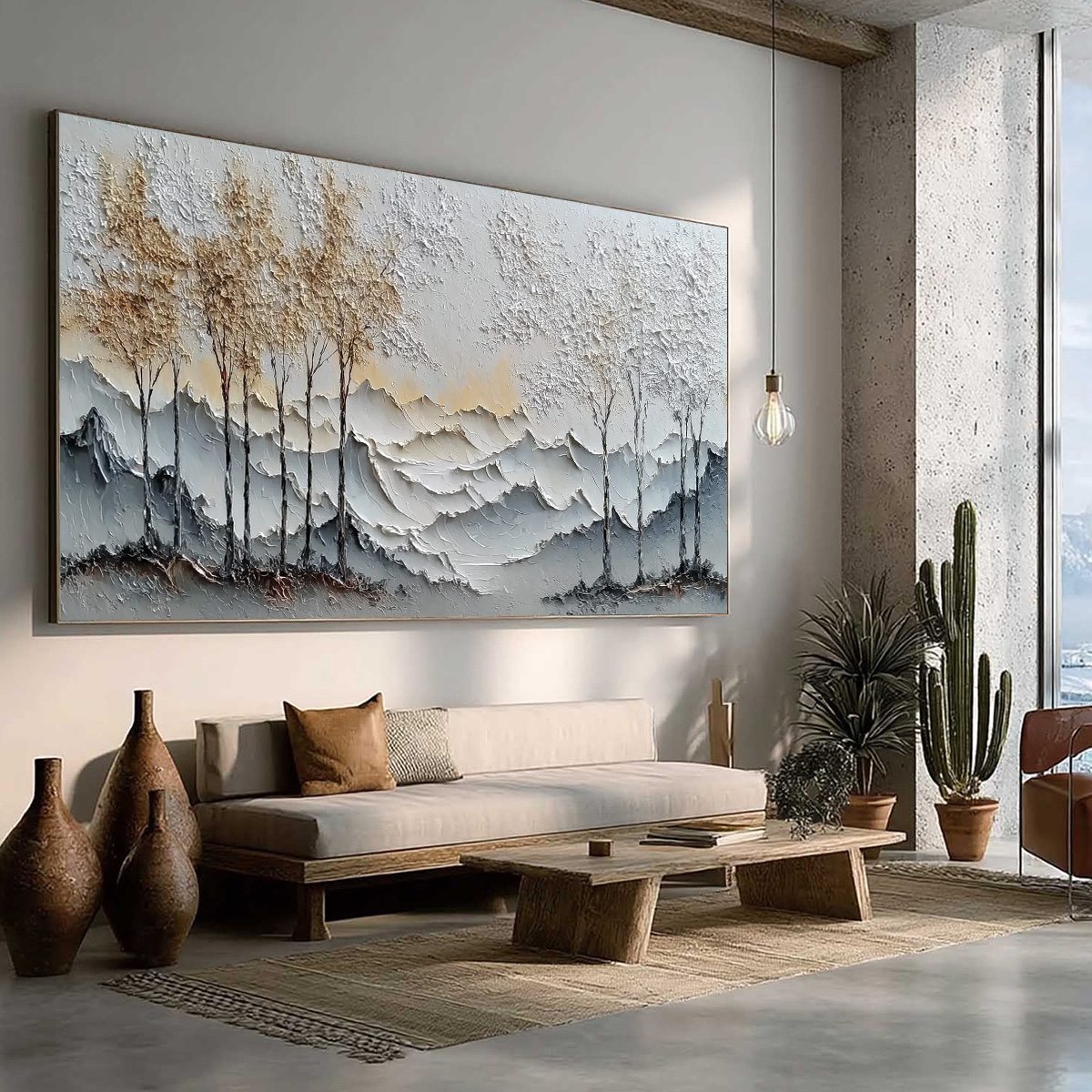 GOLDEN SILENCE: Textured Wabi Sabi Mountain and Trees Landscape Painting