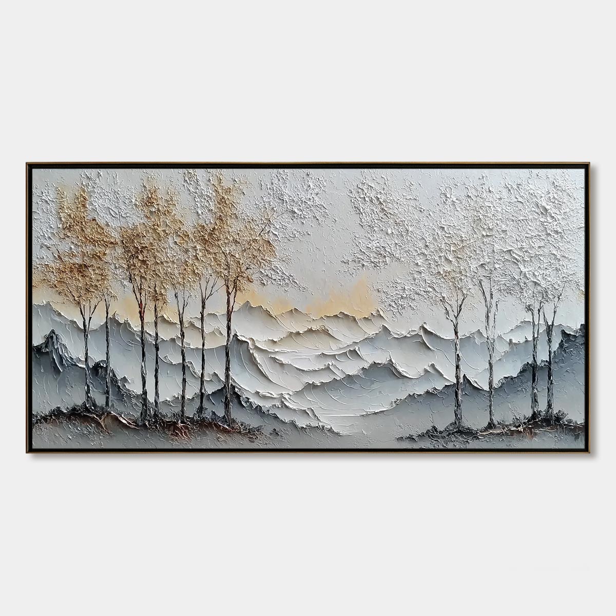 GOLDEN SILENCE: Textured Wabi Sabi Mountain and Trees Landscape Painting