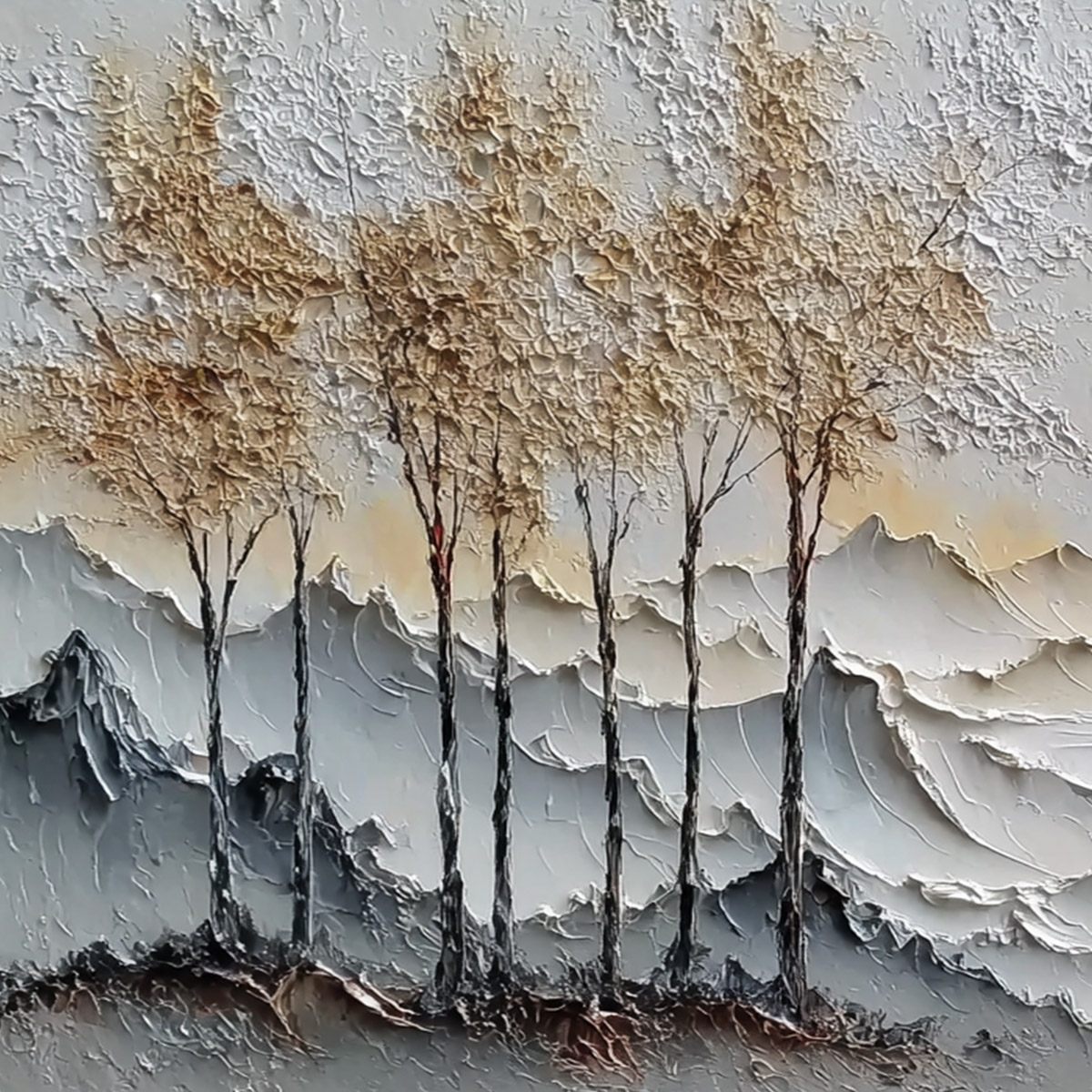 GOLDEN SILENCE: Textured Wabi Sabi Mountain and Trees Landscape Painting