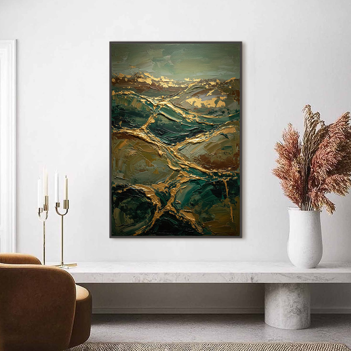 GOLDEN STRATA: Textured Abstract Green and Gold Mountain Impasto Painting