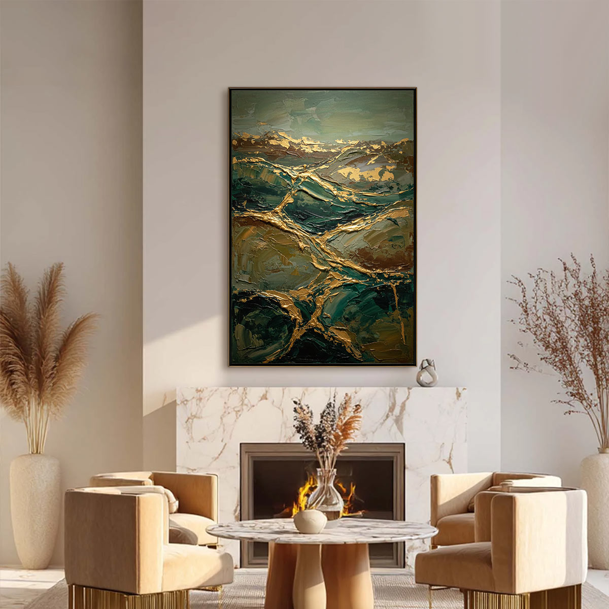 GOLDEN STRATA: Textured Abstract Green and Gold Mountain Impasto Painting