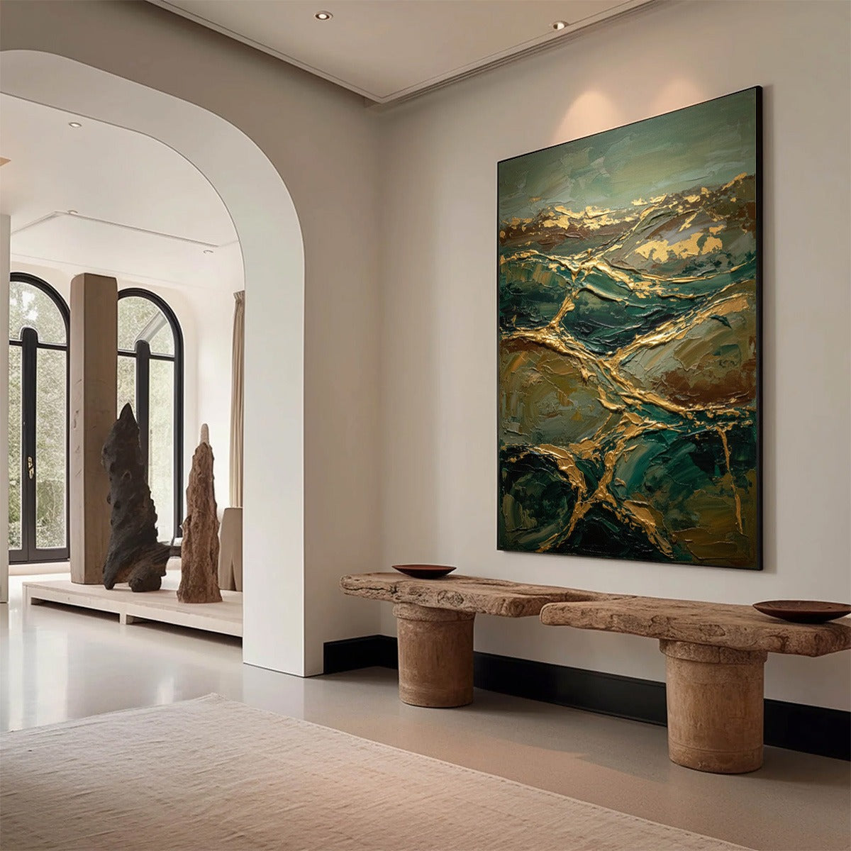 GOLDEN STRATA: Textured Abstract Green and Gold Mountain Impasto Painting