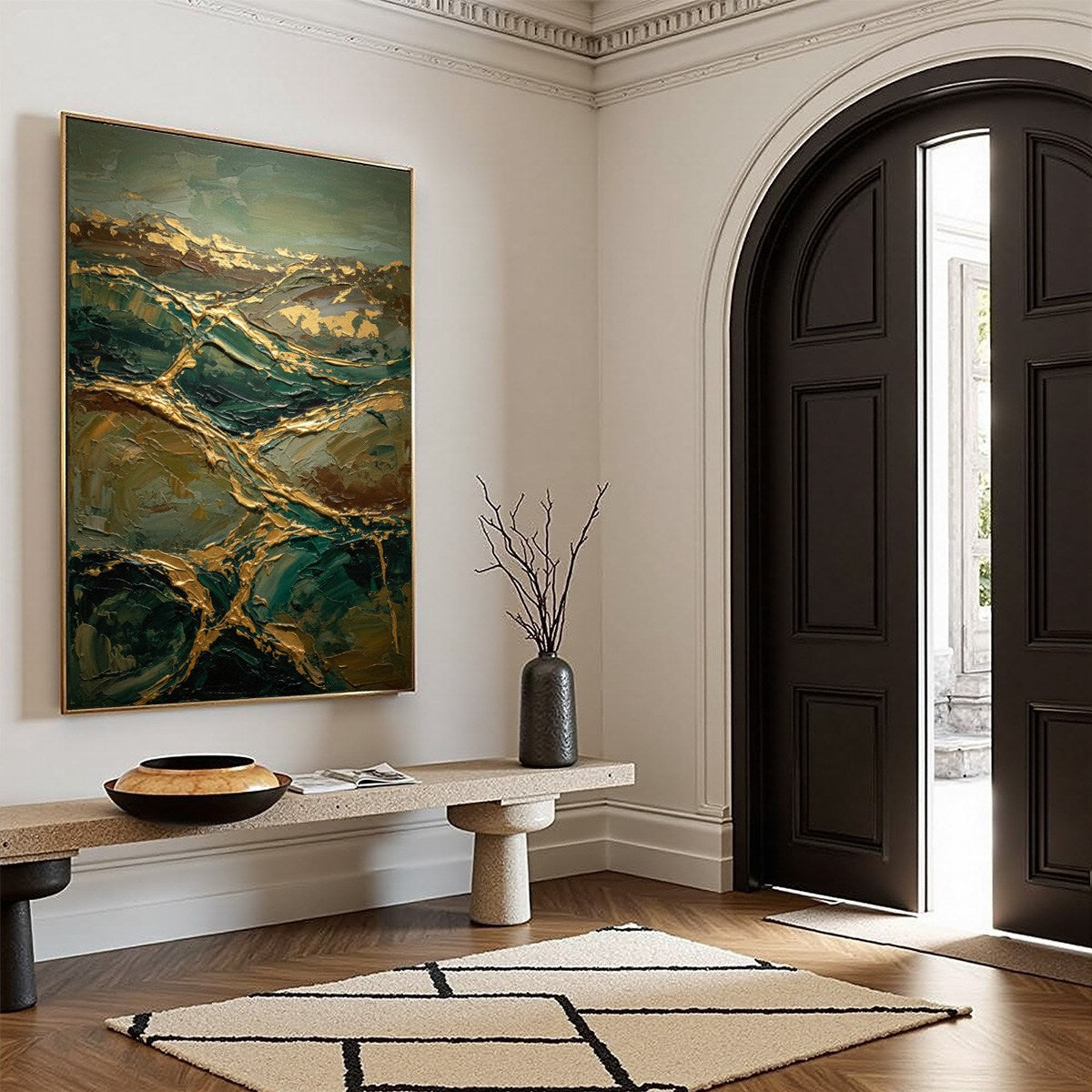 GOLDEN STRATA: Textured Abstract Green and Gold Mountain Impasto Painting