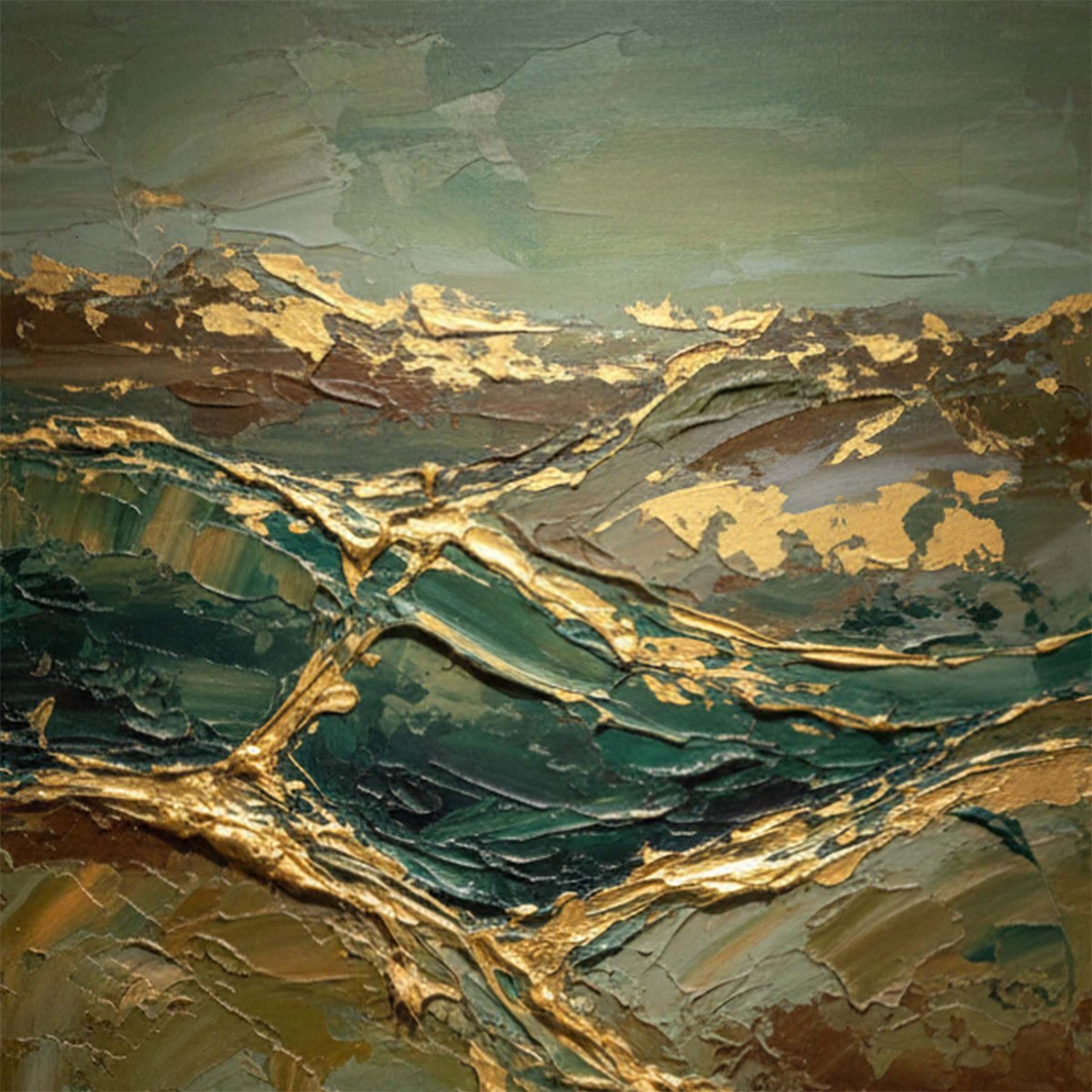 GOLDEN STRATA: Textured Abstract Green and Gold Mountain Impasto Painting