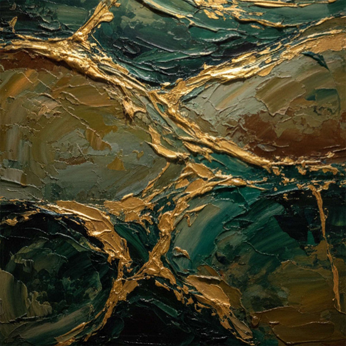 GOLDEN STRATA: Textured Abstract Green and Gold Mountain Impasto Painting