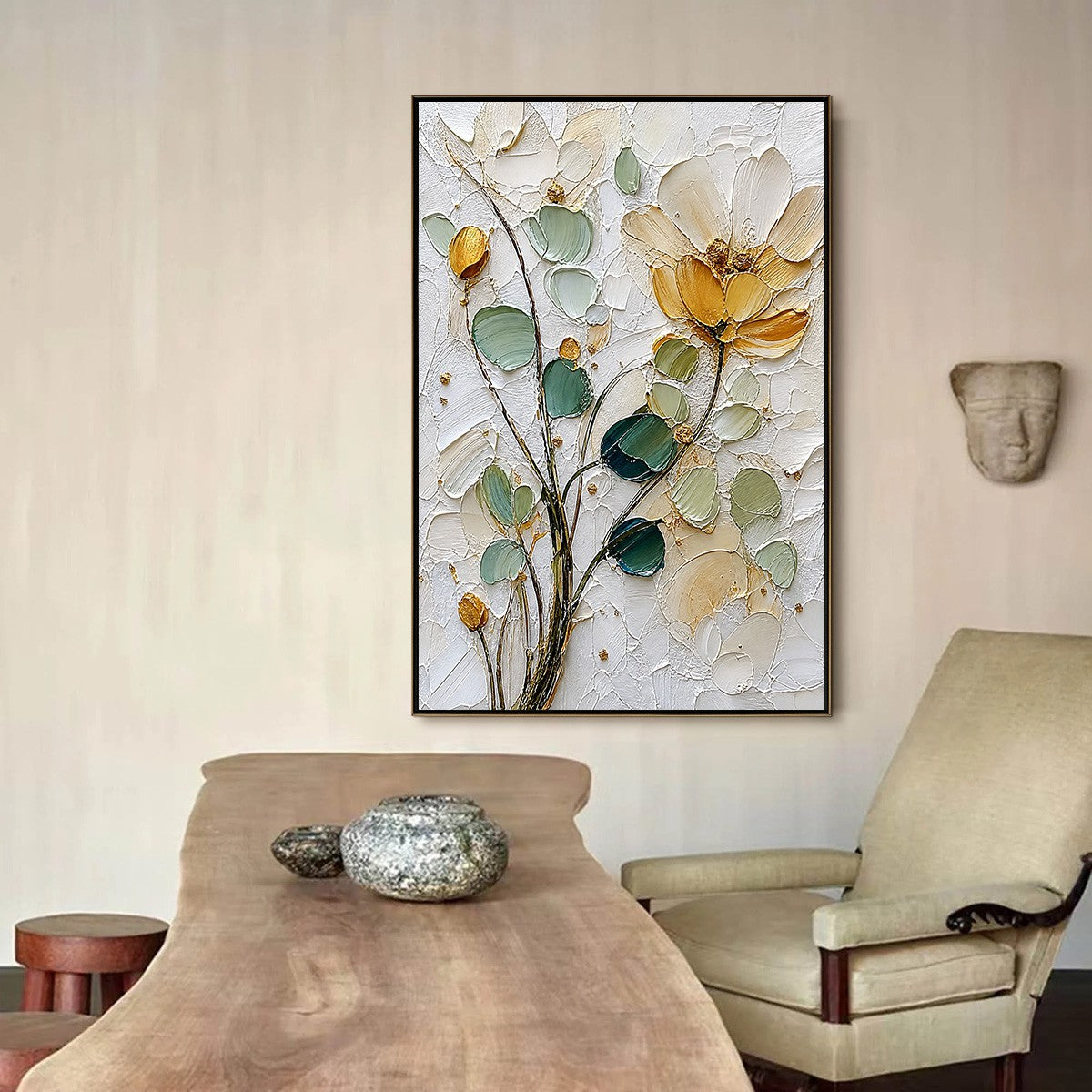 GOLDEN WHISPER: Textured Floral Impasto Painting with Gold Leaf