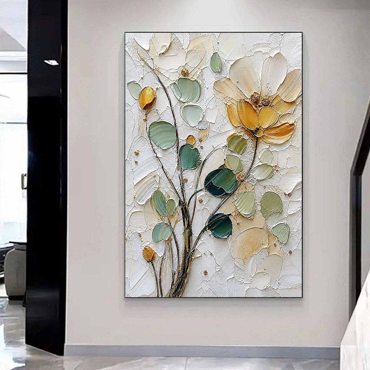GOLDEN WHISPER: Textured Floral Impasto Painting with Gold Leaf