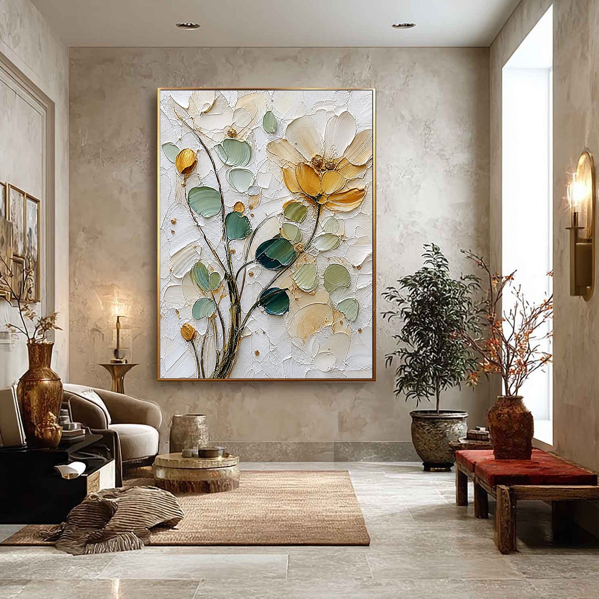GOLDEN WHISPER: Textured Floral Impasto Painting with Gold Leaf