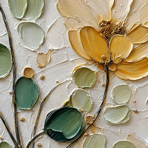 Golden floral impasto painting with green leaves and gold leaf accents