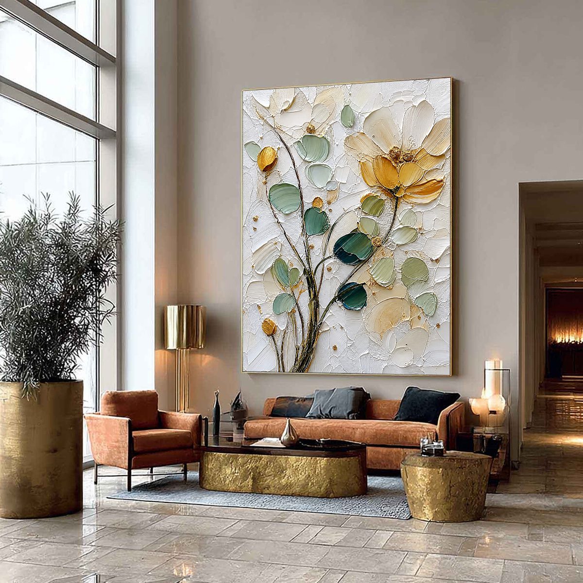 GOLDEN WHISPER: Textured Floral Impasto Painting with Gold Leaf