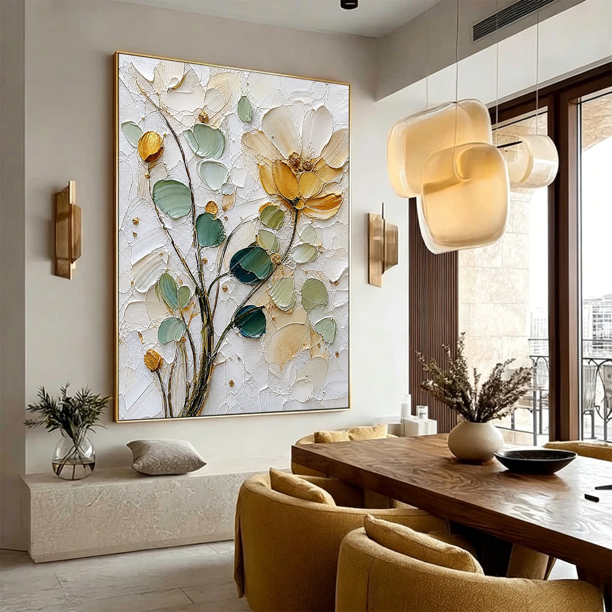 GOLDEN WHISPER: Textured Floral Impasto Painting with Gold Leaf