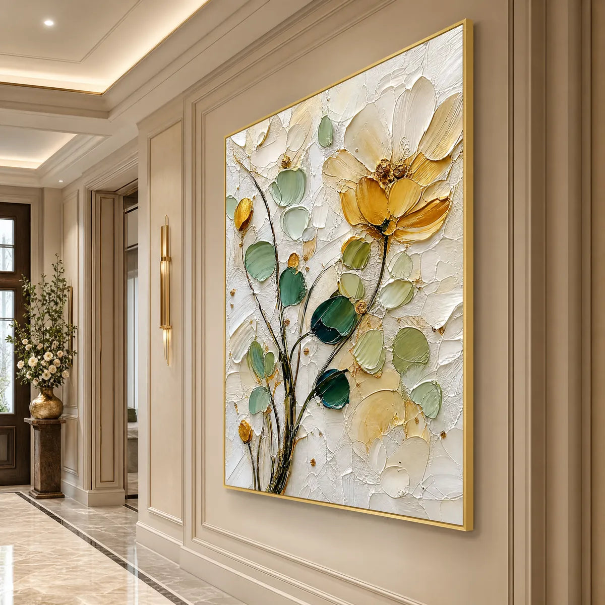 Textured floral impasto painting with white, green and gold leaves in a gold frame