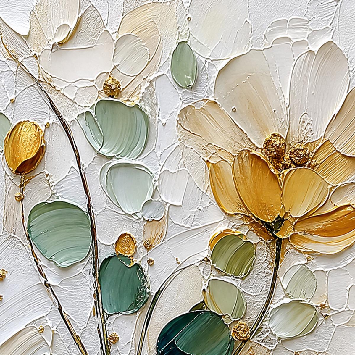 GOLDEN WHISPER: Textured Floral Impasto Painting with Gold Leaf