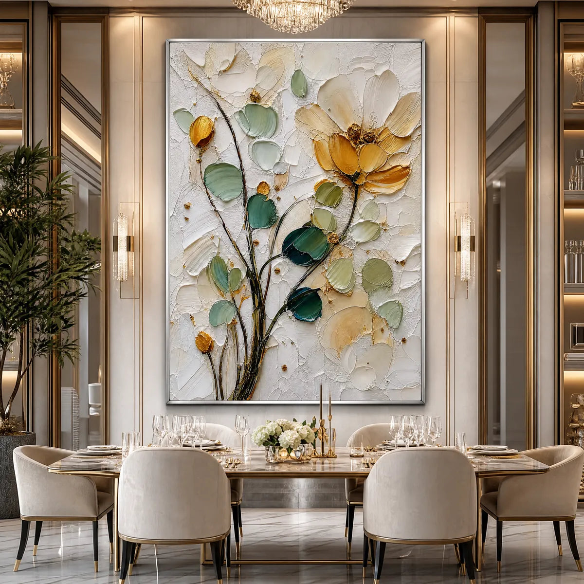 Textured floral impasto wall art with gold accents in a luxury dining room
