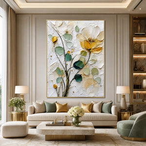 Textured floral impasto painting with white, gold, and green flowers