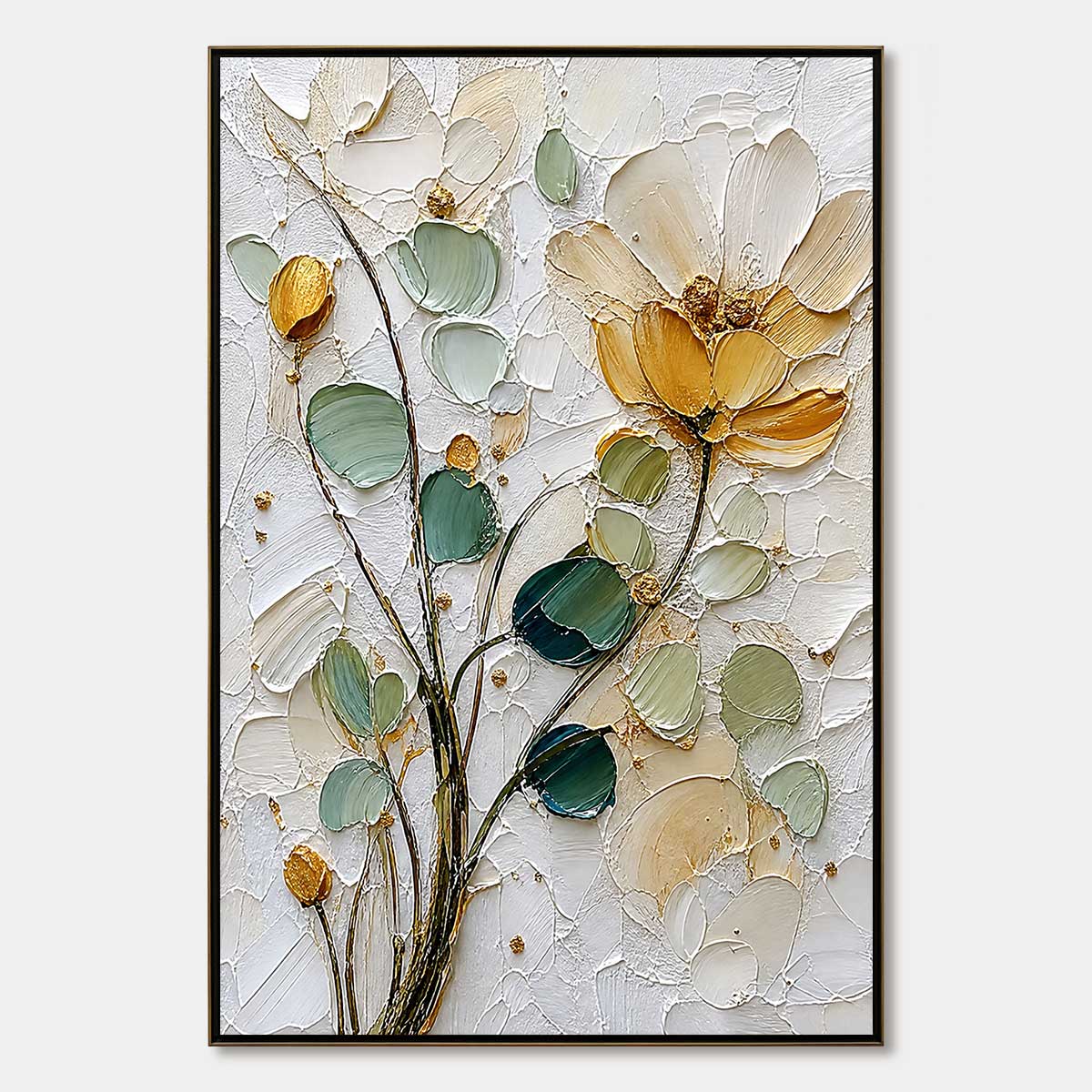 GOLDEN WHISPER: Textured Floral Impasto Painting with Gold Leaf