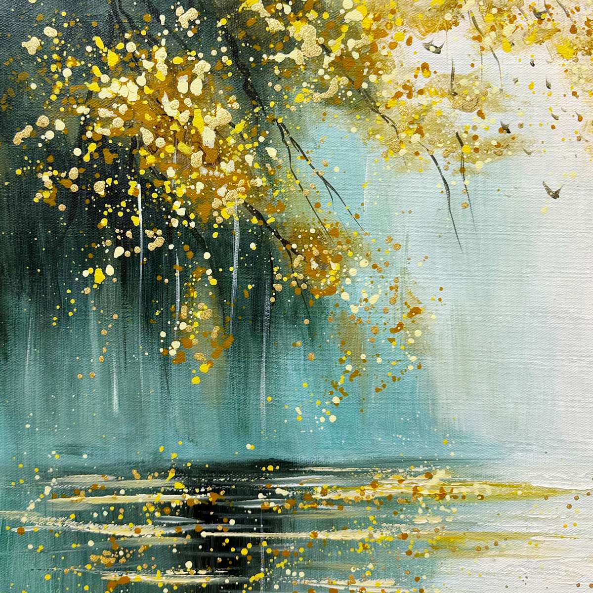 Ready to Ship ｜Golden Whispers: Textured Gold-Accented Forest Oil Painting