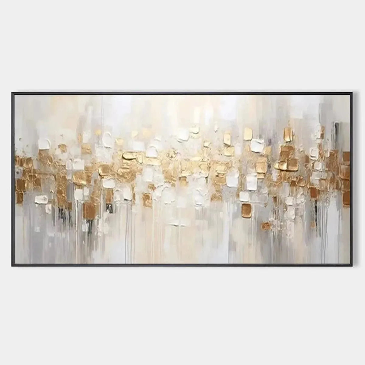 Textured gold and white abstract painting with impasto squares, horizontal artwork for luxurious decor.