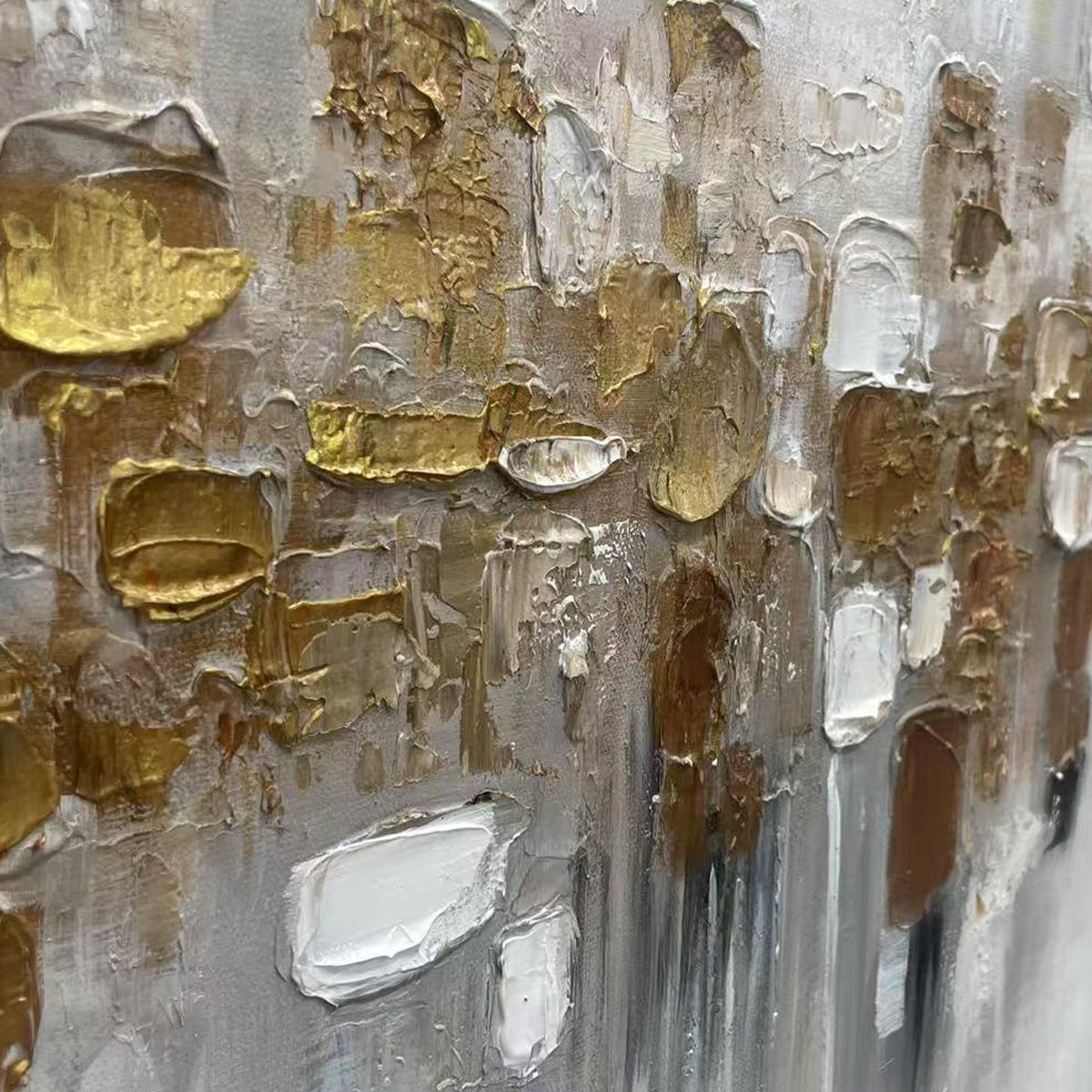Golden Abstract painting detail: rich textured gold and white impasto strokes, showcasing luxurious material depth.