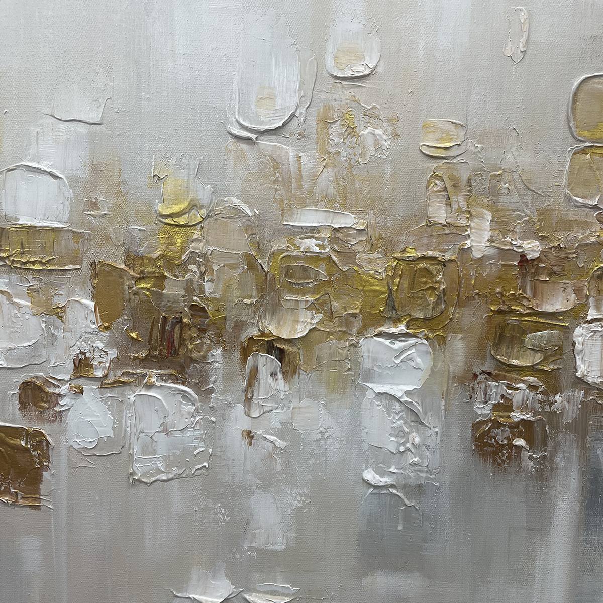 Golden Abstract painting detail: thick, lustrous gold and textured white impasto strokes for dimensional elegance.