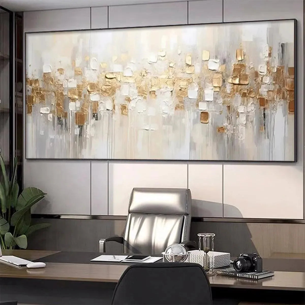Golden Abstract horizontal textured impasto painting with gold and white squares, displayed in a modern office setting.