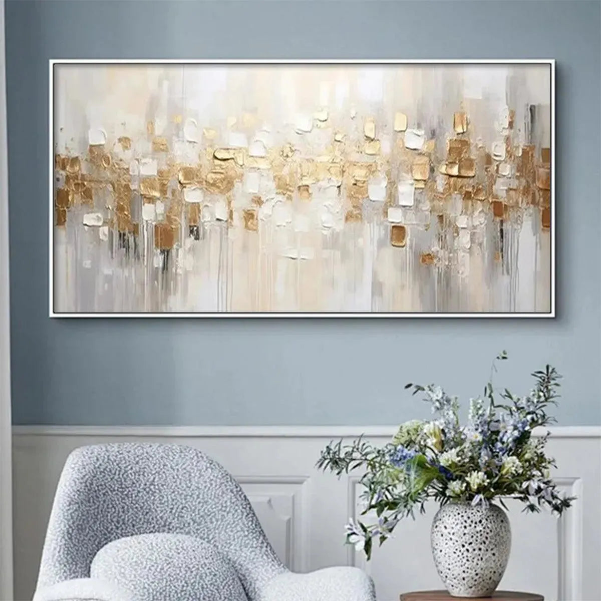 Golden Abstract painting with gold and white textured brushstrokes, framed art for modern home decor by Willow Davies.