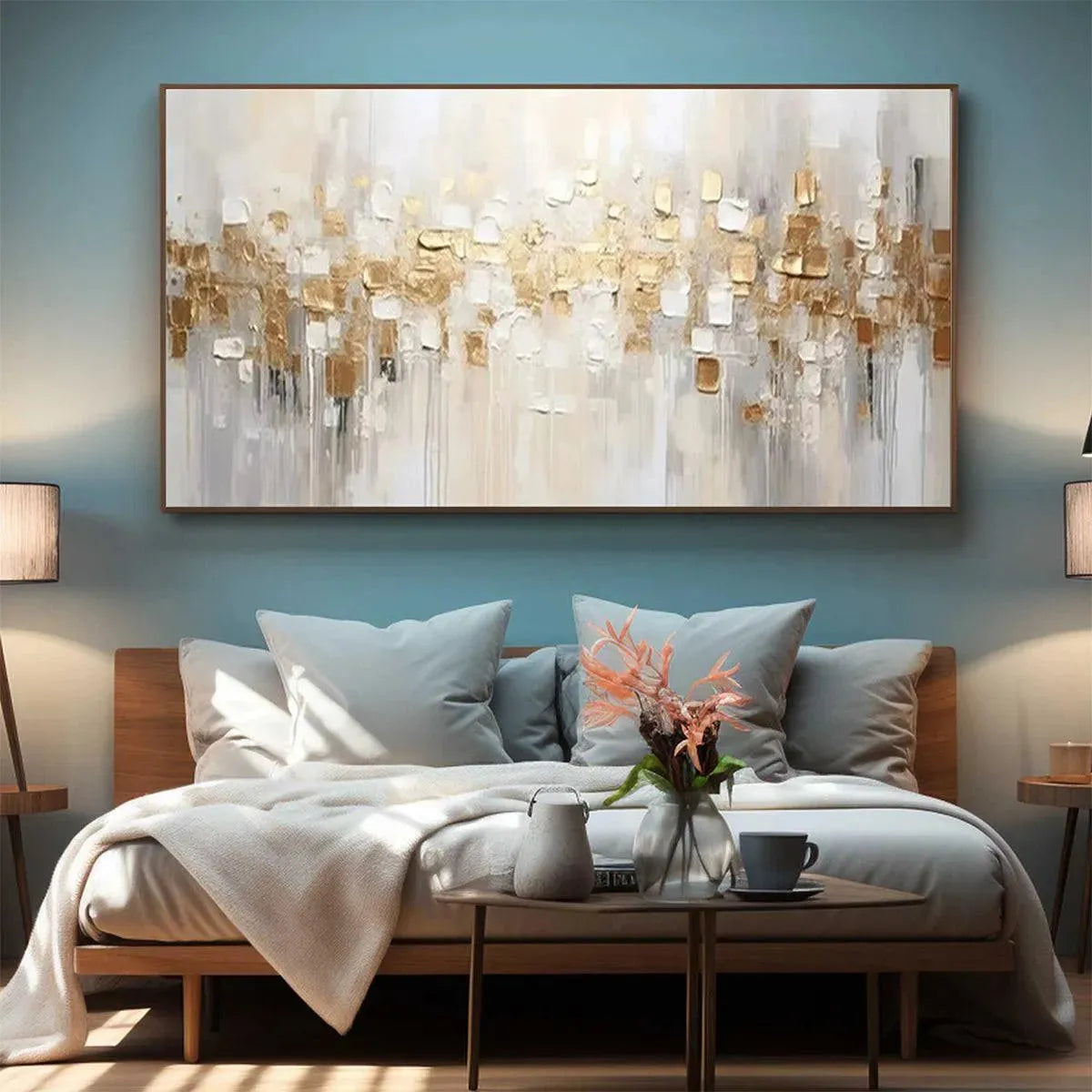 Golden Abstract painting, gold and white textured brushstrokes, Willow Davies' artwork, for modern home decor.