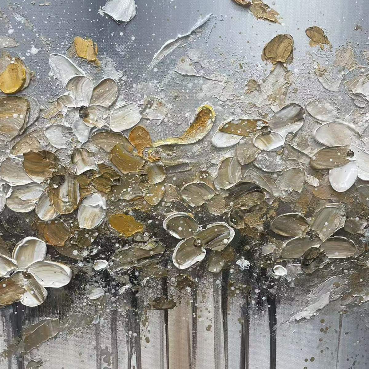 Detailed close-up of Golden Drift abstract floral painting, showcasing white & gold impasto textures and raised blossoms.