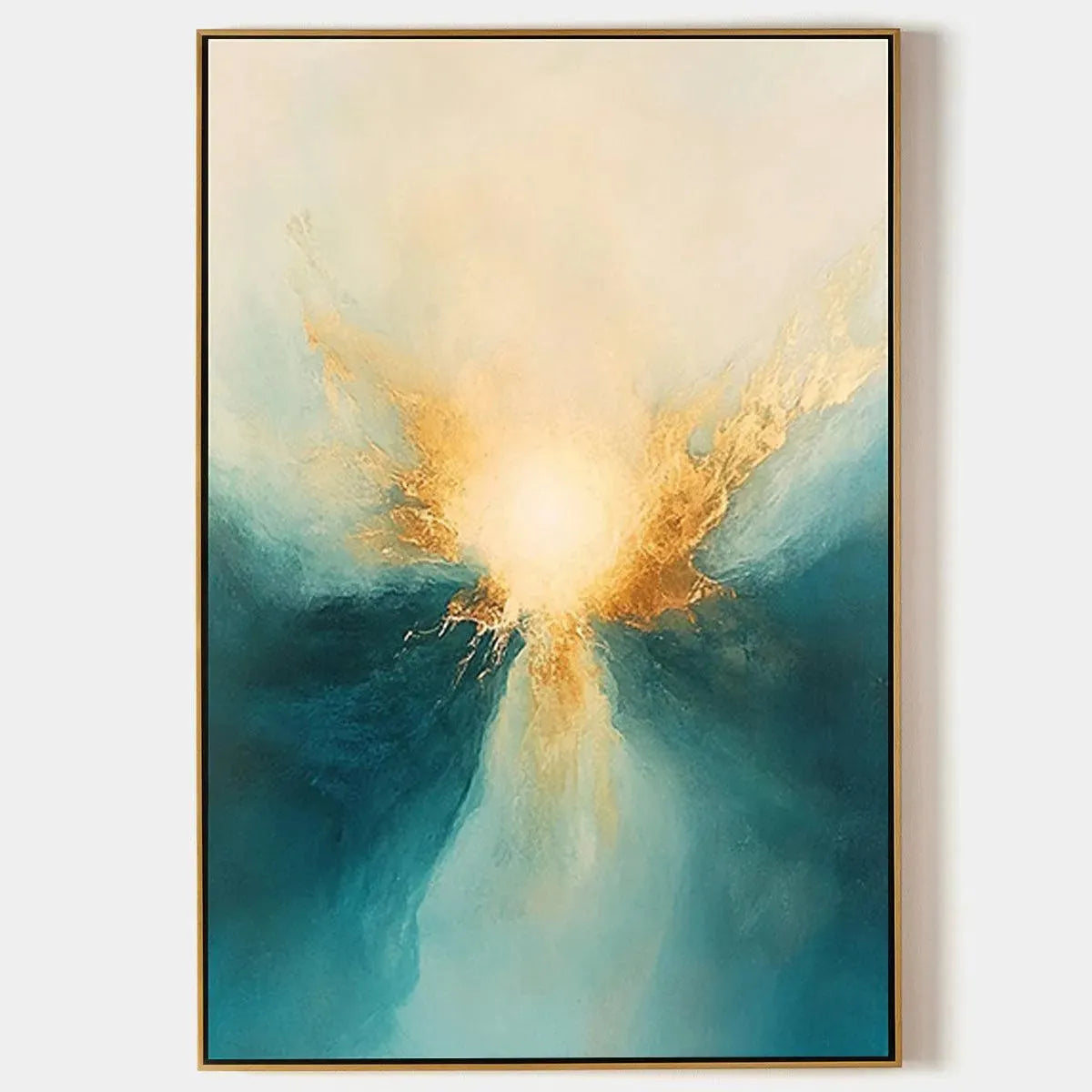 Golden Abyss: Abstract Teal and Gold Oil Painting on Canvas