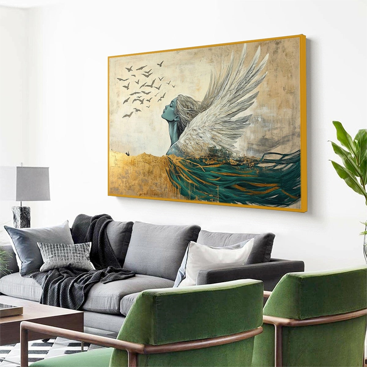 GOLDEN ASCENSION: Ethereal Angel with Birds Oil Painting