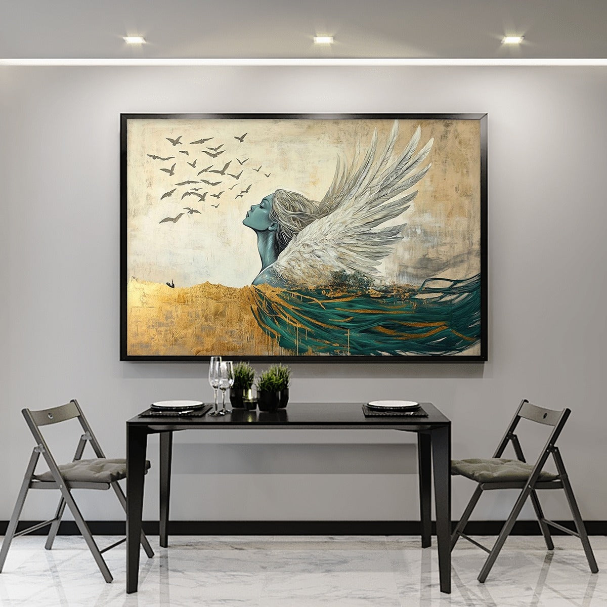 GOLDEN ASCENSION: Ethereal Angel with Birds Oil Painting