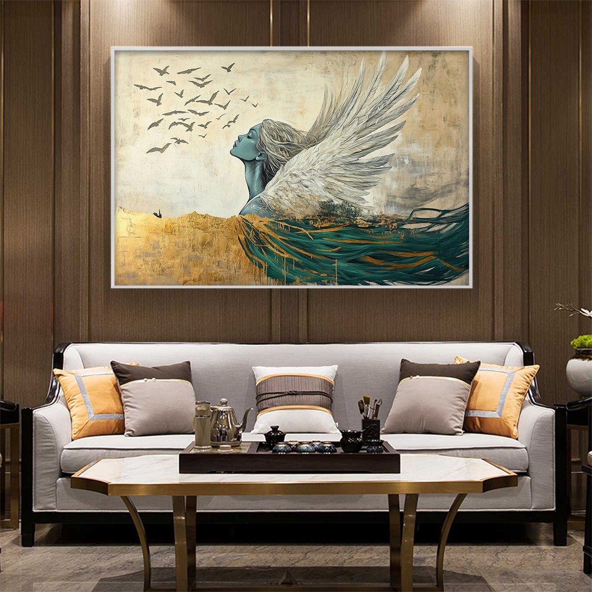 GOLDEN ASCENSION: Ethereal Angel with Birds Oil Painting