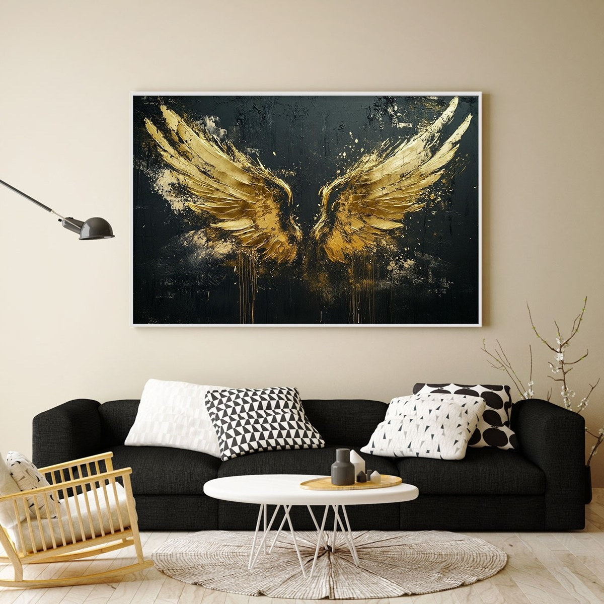 GOLDEN ASCENSION: Textured Gold Wings Oil Painting on Black Canvas
