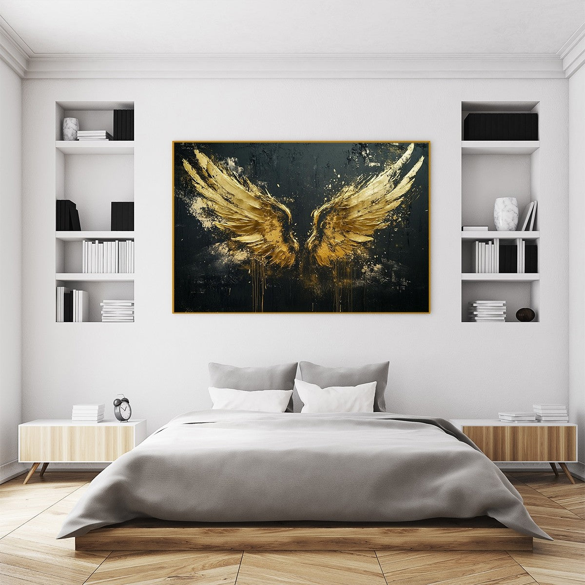 GOLDEN ASCENSION: Textured Gold Wings Oil Painting on Black Canvas