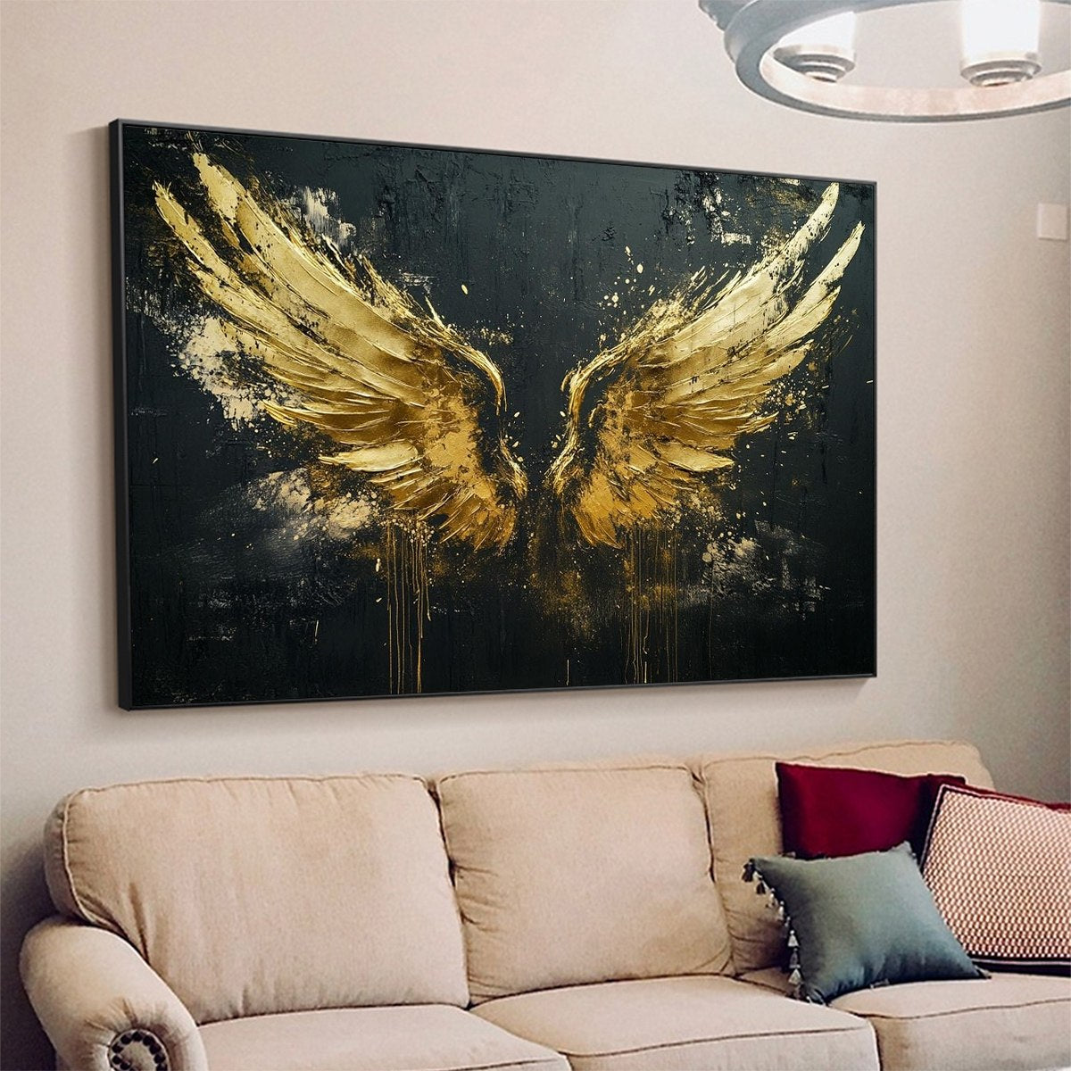 GOLDEN ASCENSION: Textured Gold Wings Oil Painting on Black Canvas