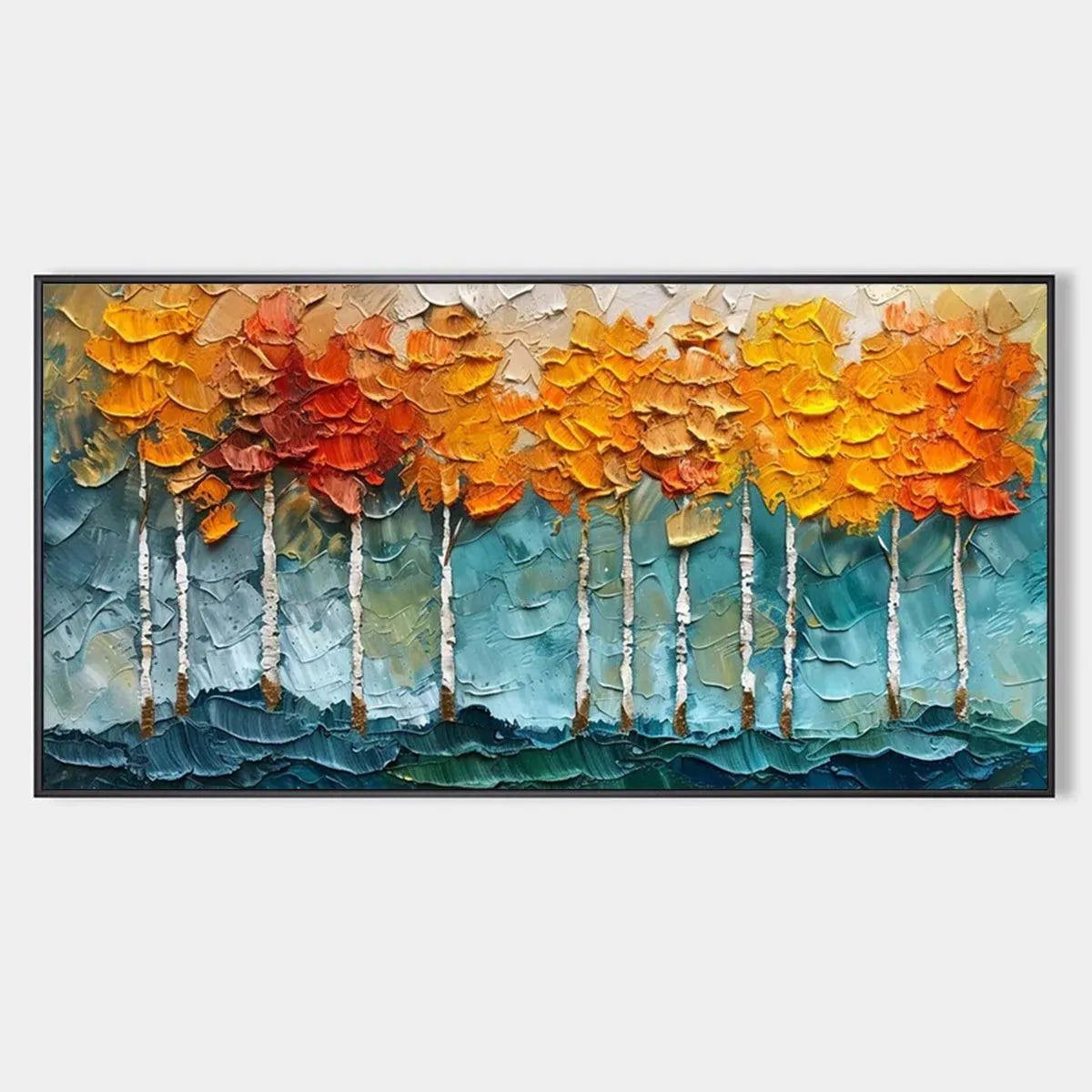 Textured Forest Painting, Impasto Wall Art, Horizontal Canvas, Autumn Decor