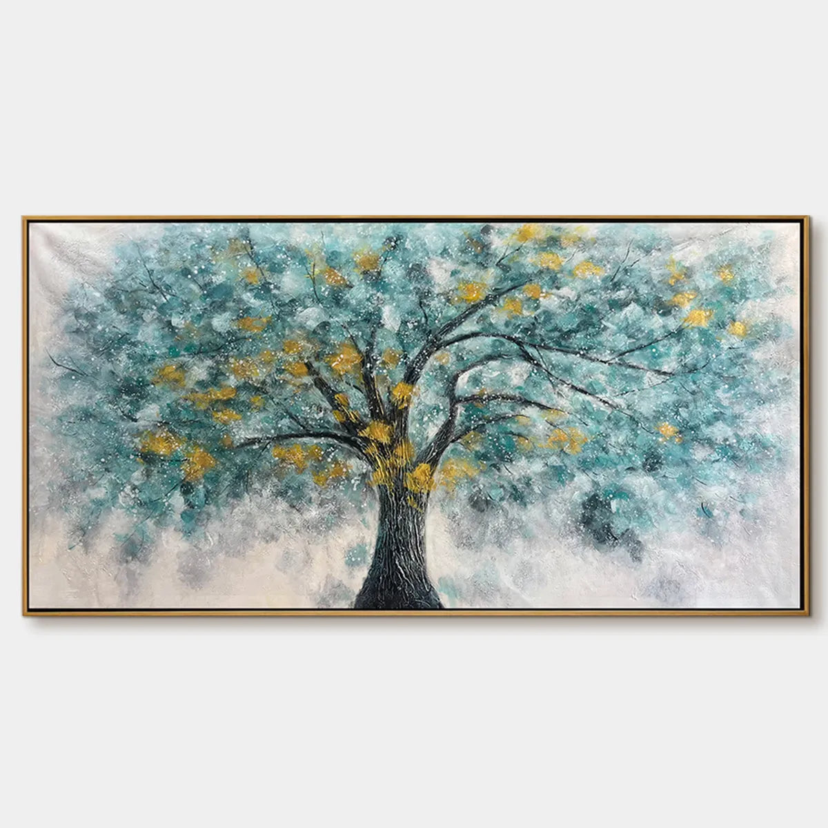 Panoramic Tree Painting, Textured Wall Art, Blue, Gold, Living Room, Bedroom, Office