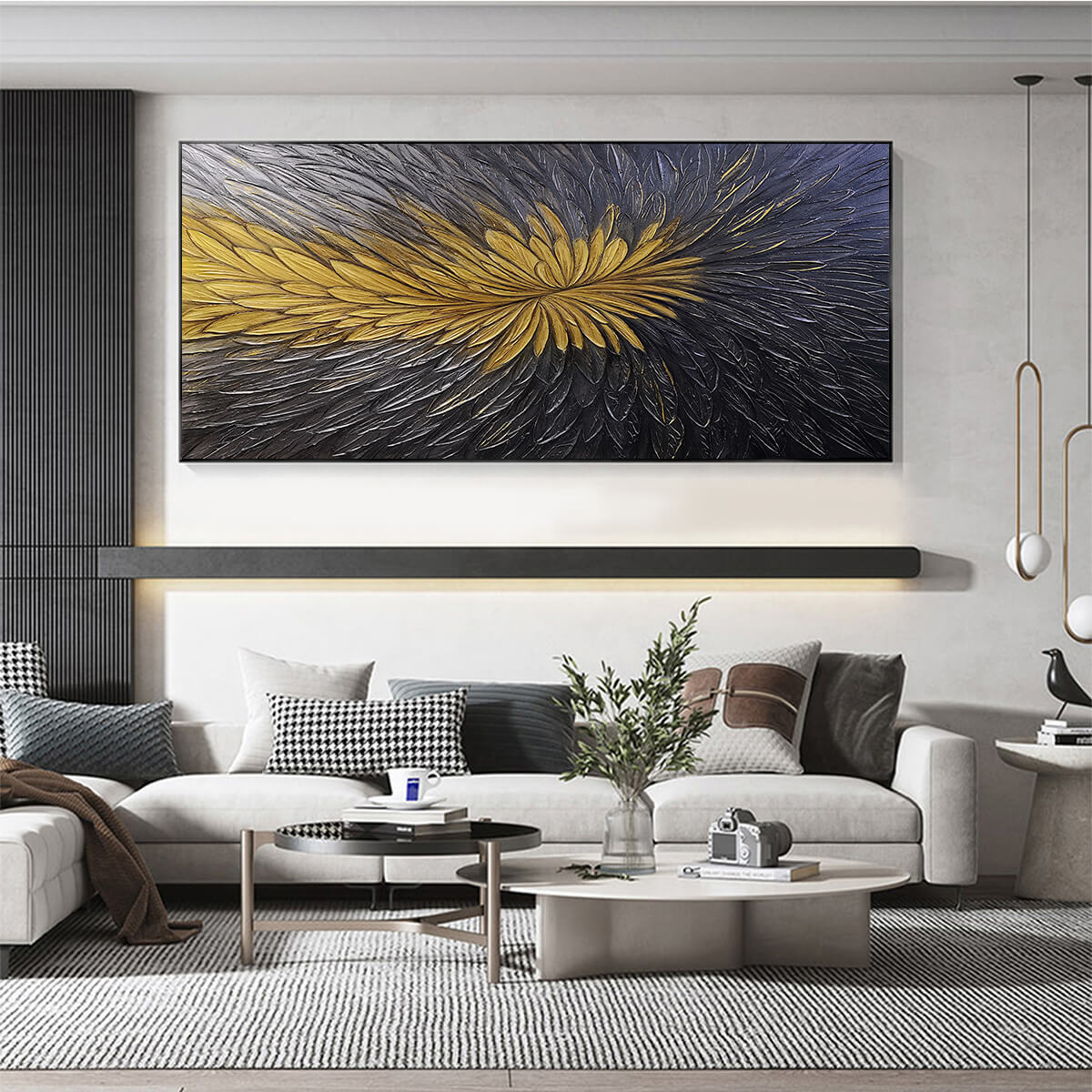 Golden Bloom: Textured Abstract Gold Black Oil Painting Canvas Wall Art
