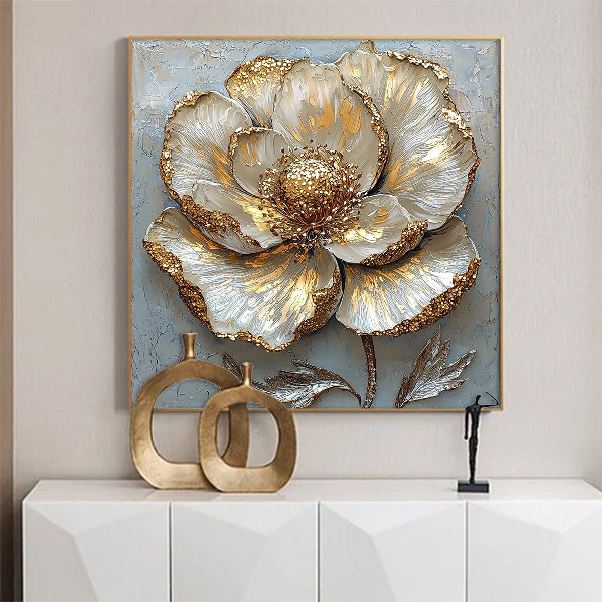 GOLDEN BLOOM: Textured Impasto Floral Oil Painting with Gold Accents