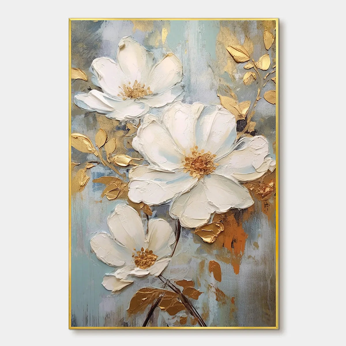 Vertical Textured Floral Painting, Impasto White Flowers, Gold Accents, Living Room, Bedroom